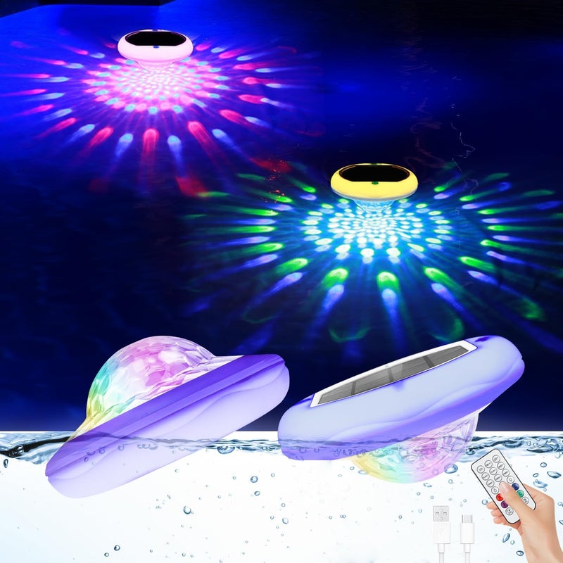 BOXPSII Solar Floating Pool Lights, Rechargeable Pool Lights That Float with Remote, 6.7'' 2600mAh IP68 Waterproof Floating Light 13 Colors Upper and Lower Glow Solar Light for Pools 2 Pack - Image 1